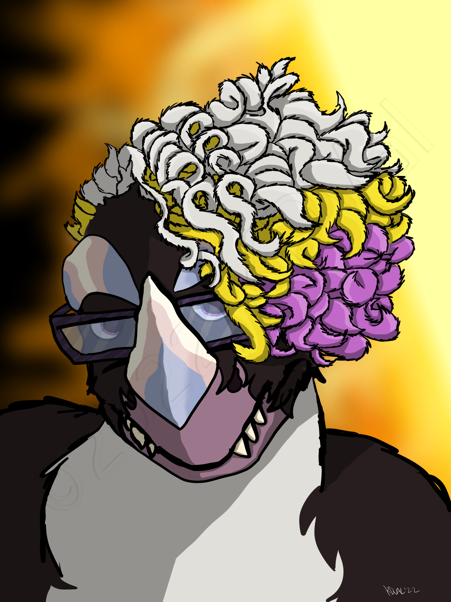 Anthropomorphic dark grey and white ceratosaurus with a yellow, white, and purple undercut made out of curly feathers. Their nose horns are pink, blue, and white