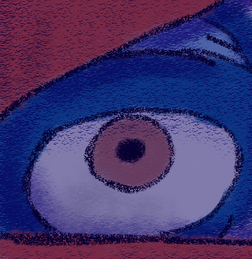 A close up of a brown eye. The face is blue and is wearing a red helmet