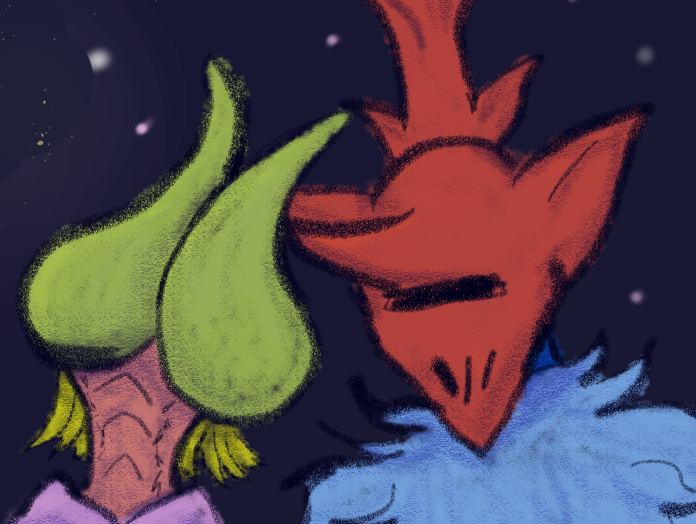 Pongorma and Dedusmuln from the video game Hylics sitting close together.  Pongorma is a large humanoid with a blue fur gambeson and a red, fish shaped helmet. He has and arm around Dedusmuln's shoulder. Dedusmuln is a humanoid with yellow-green horns that curve inward covering where their eyes would be. Coming from under the green horns are yellow hairlike structures. Their face has no defining features, but they have what looks like gills running down the front of their orange body.